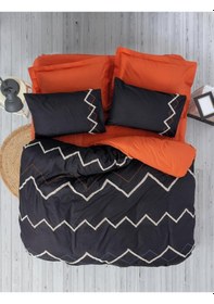 Resim Cotton Box Puff Nakışlı Ranforce Çift Kişilik Nevresim Takımı Mirely Siyah Kiremit Görsel 