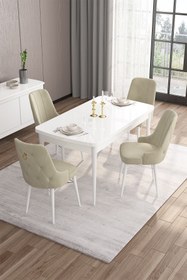 Resim Canisa Are Serisi 80x132 Açılabilir Mdf Beyaz Mutfak Masası Takımı 4 Krem Sandalye 