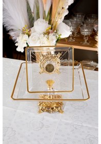 Resim Argkristal Gold Detaylı Metal Ayaklı Madlen 2 Boy Kare Servis Sunum Tabağı 2 Parça Altın 
