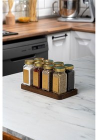 Resim Mienda Home 8'li Ahşap Standlı Cam Baharatlık Seti Gold Kapaklı Etiketli Baharatlık Takımı Gold - Şeffaf 