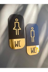 Resim Yönline Wc Tabela Seti Gold Ayna Kadın & Erkek Siyah Mdf Üzerine Pleksi Tasarım Kendinden Yapışkanlı 9x20 Cm 