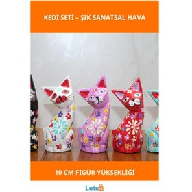 Resim Doğal Ahşap 10 Cm 5'li Kedi Figürü Dekoratif Set 1 Adet 