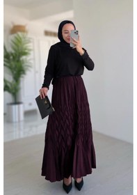 Resim Kendinden Desenli Pileli Etek - Mürdüm Mürdüm 