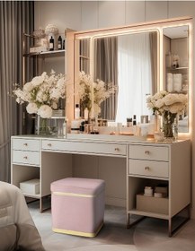 Resim Zengo Gold Twin Line Kare Puf -pembe Kumaş, Dekoratif Makyaj Masası Pufu-modern Style 