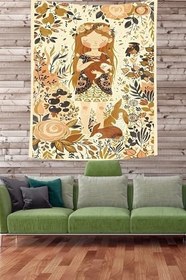 Resim Pelangi Çiçekli Kız Leke Tutmaz Kumaş Duvar Örtüsü Duvar Halısı Tapestry PNTR063, 70 x 70 