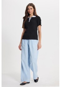 Resim Tudors Kadın Slim Fit Dar Kesim Kısa Kollu Fitilli Görünümlü Siyah Polo Yaka Tişört-50865 