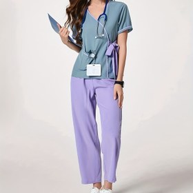 Resim Kısa kollu çok cepli takım, güzellik salonu doktorları ve hemşireler için şık iki parçalı set - Yaz Koleksiyonu 