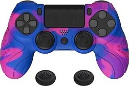 Resim PlayVital Guardian Edition Pembe & Mor ve Mavi Ergonomik Yumuşak Kaymaz Kontrolör PS4 için Silikon Kılıf, PS4 Slim/Pro Controller için Joystick Kapaklı Kauçuk Koruyucu Kılıf 