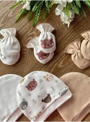 Resim Renkli Puset Organik 6'lı Yenidoğan Bebek Eldiven Şapka Takımı Ayılar 