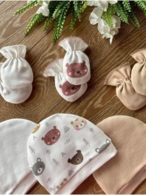 Resim Renkli Puset Organik 6'lı Yenidoğan Bebek Eldiven Şapka Takımı Ayılar 