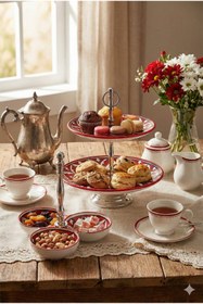 Resim RİVO HOME DECOR The Mia Corallo Kırmızı 2'li Sunum Seti - Kek Standı ve Çerezlik 