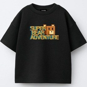 Resim Fasardi Super Bear Adventure Süper Ayı Baskılı Oversize Pamuk Kısa Kollu Unisex Çocuk T-shirt Siyah 