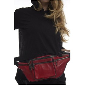Resim Nahitatyanaunisex Kırmızı Çok Cepli Hakiki Deri Freebag Bel Çanta Kırmızı 