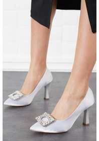 Resim Feles Kare Taş Detaylı Stiletto Kadın Topuklu Ayakkabı GÜMÜŞ 