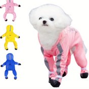 Resim Küçük ve orta boy köpekler veya kediler için hafif bir ceket, piyade askısı ile, tam ayak kapağı, dayanıklı polyester, kolay snap düğme kapanışı, gri çizgiler ve siyah patikler ile pembe desenli evcil hayvan yağmurluğu 