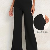 Resim Büyük Beden Zarif Geniş Bacaklı Pantolon, Yüksek Esneklikli Polyester Spandex Karışımı, Düz Renk, Örgü Kumaş, Tüm Mevsimler İçin 