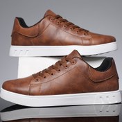 Resim Erkeklerin Günlük Düşük Üst Sneaker'ları - Kahverengi Suni, Beyaz Taban, Bağcıklı Tasarım, Tüm Mevsimler İçin Rahat Ayakkabılar, Günlük Ayakkabılar | Bağcıklı Sneaker'lar | Rahat Günlük Ayakkabılar 