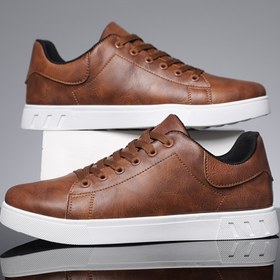 Resim Erkeklerin Günlük Düşük Üst Sneaker'ları - Kahverengi Suni, Beyaz Taban, Bağcıklı Tasarım, Tüm Mevsimler İçin Rahat Ayakkabılar, Günlük Ayakkabılar | Bağcıklı Sneaker'lar | Rahat Günlük Ayakkabılar 