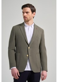 Resim İmza Çizgili Desen Gofreli Mono Yaka Malzemesiz Esnek 6 Drop Slim Fit Ceket 1002250122 Koyu Haki 