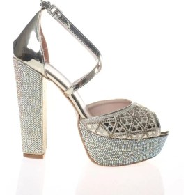 Resim Kadın Moda Şık Gold Ayna Yüz Lazer Ökçe Poli Taş Topuklu Düğün Nişan Gece Abiye Ayakkabı 
