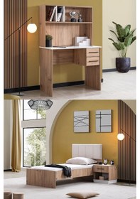 Resim Genç Odası Efes Çalışma Masası,karyola,komodin Ceviz Krem Ceviz 