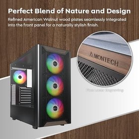 Resim MONTECH XR ahşap ön yüz gerçek ceviz siyah, ATX PC oyun gövdesi, cam yan panel, 4 önceden yüklenmiş GF120 ARGB PWM fan, siyah 