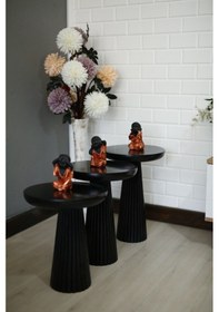 Resim Wood Ahşap 3 Lü Set Siyah Renk Fitilli Mantar Yan Sehpa Modern Fiskos / Çiçeklik / Zigon Sehpa Siyah 