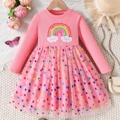 Resim Kızlar İçin Pembe Kalp ve Gökkuşağı Desenli Tül Etek Elbise - Puantiyeli, Rahat Kışlık Günlük Giysi, Oyun Zamanı ve Özel Günler İçin Normal Kesim 