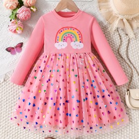 Resim Kızlar İçin Pembe Kalp ve Gökkuşağı Desenli Tül Etek Elbise - Puantiyeli, Rahat Kışlık Günlük Giysi, Oyun Zamanı ve Özel Günler İçin Normal Kesim 