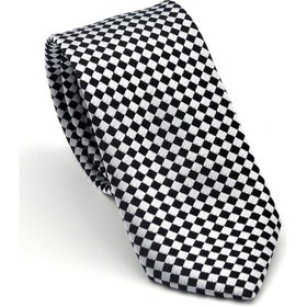 Resim Gaffy Siyah Piti Kare Desenli Beyaz Dokuma Kumaş Mendilli Slim Fit Kravat // Sdk-2503-4 Beyaz 