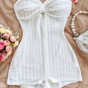 Resim Kadınlar için Beyaz Dokulu Kumaş Askısız Tulum - Y2K Stili, Omuz Açık Tasarım, Rahat Kalıp, Makinede Yıkanabilir, Polyester Karışımı, Her Mevsim Giyilebilir, Yarı Resmi Kıyafet | Y2K Moda | Örgü Yapısı 