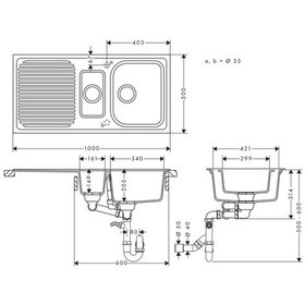 Resim Hansgrohe S520-F525 Ankastre Granit Eviye + 980/480 Otomatik Gider Seti Beton Grisi 