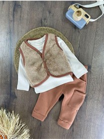 Resim Bebicix Yandan Cep Detaylı Peluş Yelekli Erkek 3lü Takım Kahverengi 