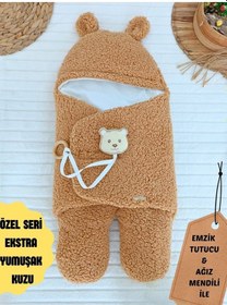Resim Bebek Dış Kundak Battaniyesi Pelüş Ayaklı Welsoft Uyku Tulumu Kışlık Mont Yenidoğan 0-12 Ay Sütlü Kahve 