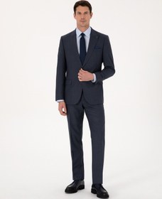 Resim Cacharel Lacivert Slim Fit Yün Karışımlı Mikro Desen Kırlangıç Yaka Takım Elbise 