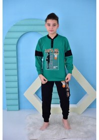 Resim Erkek Çocuk Gez Garson Basketball Uzun Kollu Pamuk Penye Pijama Takımı 5060-yeşil Yeşil 