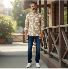 Resim Slim Fit Pamuklu Uzun Kollu Cepsiz Gömlek Slim Fit Kalıp Bej 