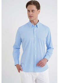 Resim Slim Fit Yaka Düğmeli Baskılı Pamuklu Mavi Gömlek G 1605 