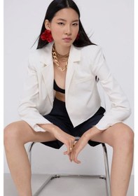 Resim Crop Keten Blazer Ceket Beyaz 