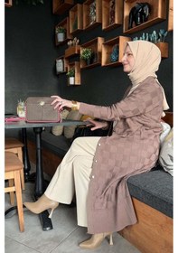 Resim Rabia Şamlı Dama Desenli Sütlü Kahve Triko Hırka Çok Renkli 