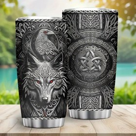 Resim 20oz Viking Temalı Paslanmaz Çelik Termos - Çift Duvarlı Yalıtımlı Seyahat Kupası, Kurt & Kelt Düğümü Tasarımı, Sıcak & Soğuk İçecek Kupası - Erkekler İçin Mükemmel Hediye, Doğum Günü, Noel, Sevgililer Günü - Tekrar Kullanılabilir, Sadece Elde Yıkama 