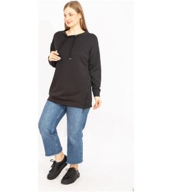 Resim Kadın Siyah Büyük Beden Yan Fermuar Yırtmaçlı Yakası Kuşgözü Detaylı Sweatshirt 65n35638-siyah Siyah 