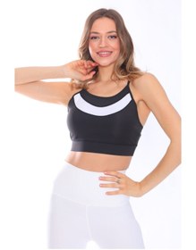 Resim PodiumStar Dalgıç Kumaş Yakası Beyaz Bloklu Siyah Spor Crop, Spor Büstiyer, Sporcu Sütyeni 