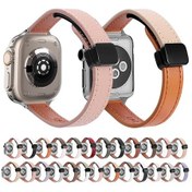 Resim iOs Watch Uyumlu Serisi 7 İçin 45mm İnce Manyetik Toka Hakiki Deri Saat Bandı Düz Bej Pembe 