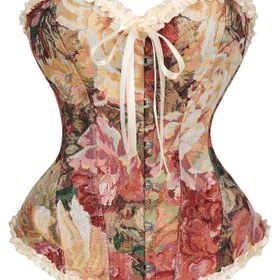 Resim Lace Detaylı ve Bağlama Detayı ile Kadınlar İçin Floral Jakar Korset Üst, Polyester Kumaş Blend (Polyester %90, Spandex %10) ile Kadınlar İçin Mahkeme Stili Bel Çizici Vücut Şekillendirici 