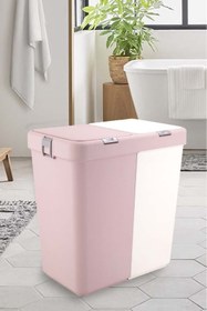 Resim ego home Pembe-beyaz Mote Ikili Dokunmatik Kirli Çamaşır Sepeti 2 Bölmeli Dokunmatik Kapak 80lt, 