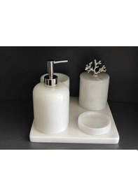 Resim Beyaz Mermer Gümüş Mercan Aksesuarlı 5'li Banyo Seti Yeni Ürün Beyaz 