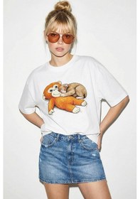 Resim Shade Kadın Pamuklu Bisiklet Yaka Maymun Punch Baskılı Oversize T-shirt Öt261036 60286078 - Beyaz Standart 