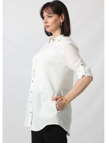 Resim Moda Berray Bb-092 Beyaz Gümüş Yaldızlı Güneş Desenli Kolu Apoletli Yandan Cepli Tunik Gömlek Kadın Büyük Beden Beyaz 