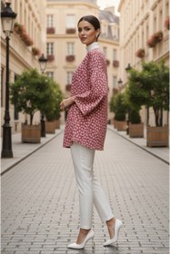 Resim Aişe tesettür Pudra Çiçekli Önü Bağlamalı Kimono Tunik / Ütü İstemez 85 CM BOY 